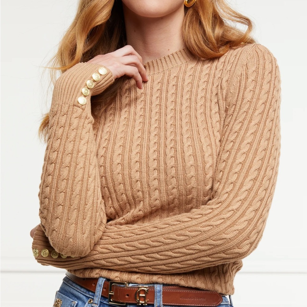 Tan Crew Neck Cable Knit Sweater with Intricate Detailing